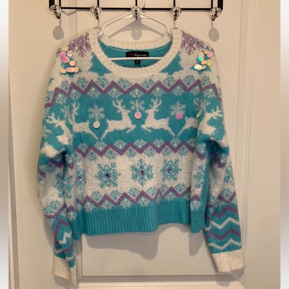 33 Degrees Ugly Christmas Sweater Sz Large Blue Reindeer Snowflake Embellished - Picture 1 of 4